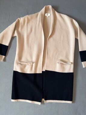 Bohme Cream and Black Open-Front Long Cardigan Sweater